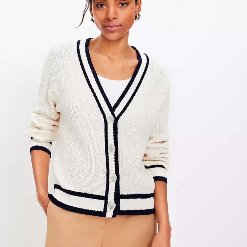 Women's Off White and Navy Tipped V Neck Cardigan Sweater